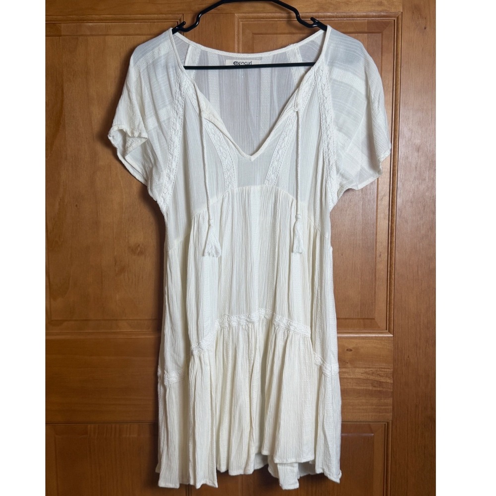 Rip Curl Womens White Gauze Boho Lace Trim Tiered Babydoll Mini Dress Small